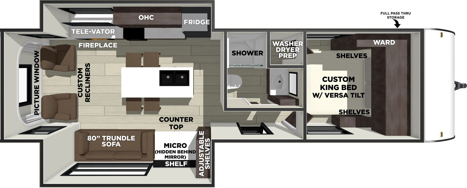 The Salem 270ZEN floorplan has one entry and two slide outs. Exterior features include: metal or fiberglass exterior and 9' & 11' awning. Interiors features include: kitchen island, front bedroom and rear living.
